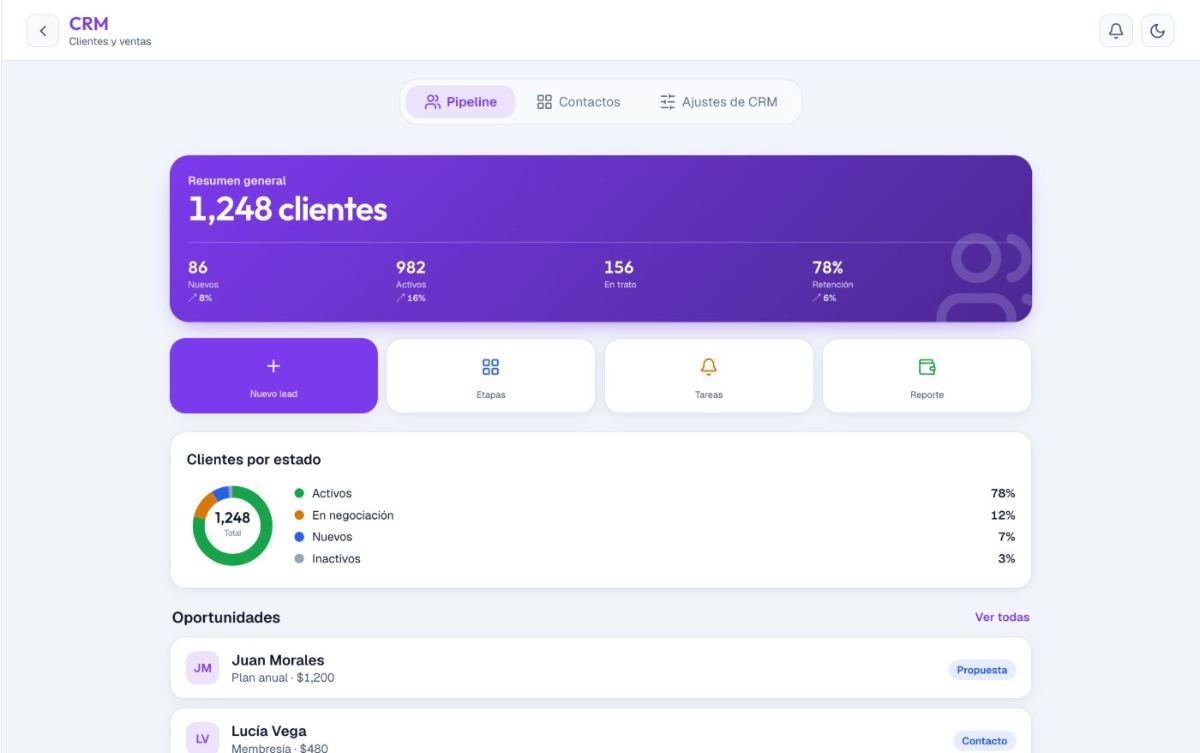 Pantalla real de CRM: AxStudio · clientes y ventas