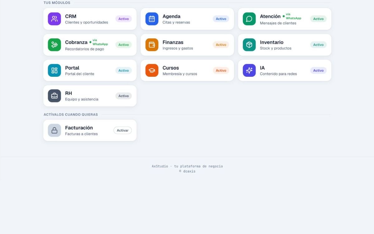 Pantalla real de Inicio: AxStudio · sus módulos
